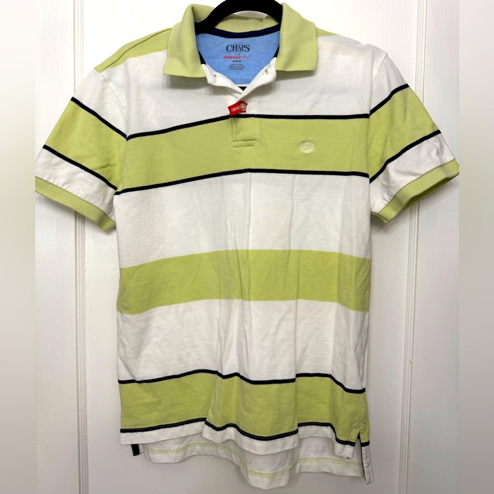 NWT Chaps Green and White Polo Shirt Sporty Striped Design Size Medium